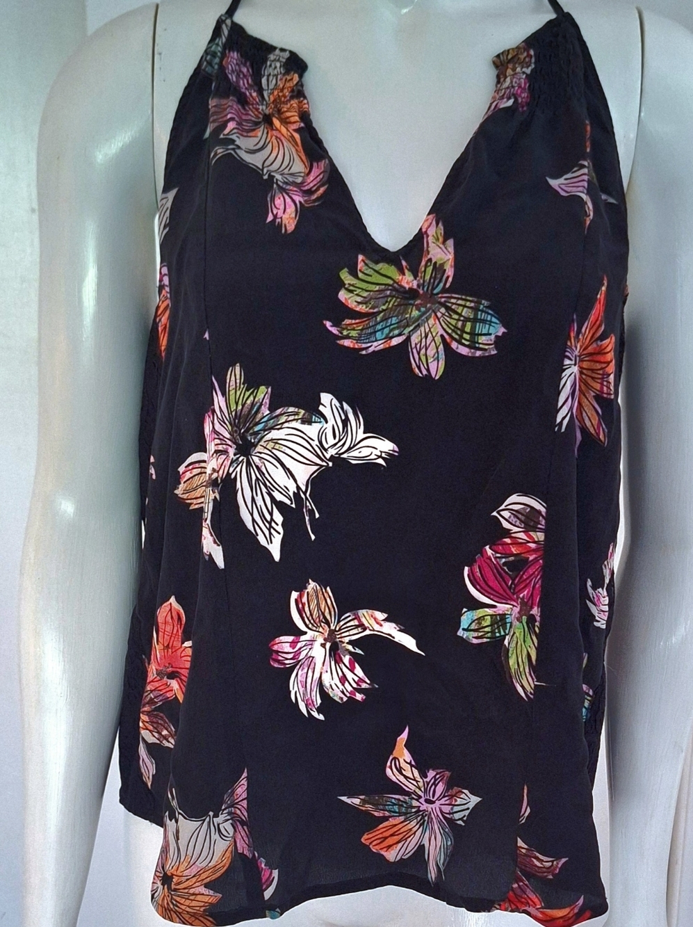 EUC Maeve Black Floral Halter Tank Top Camisole with Multicolor Blooms